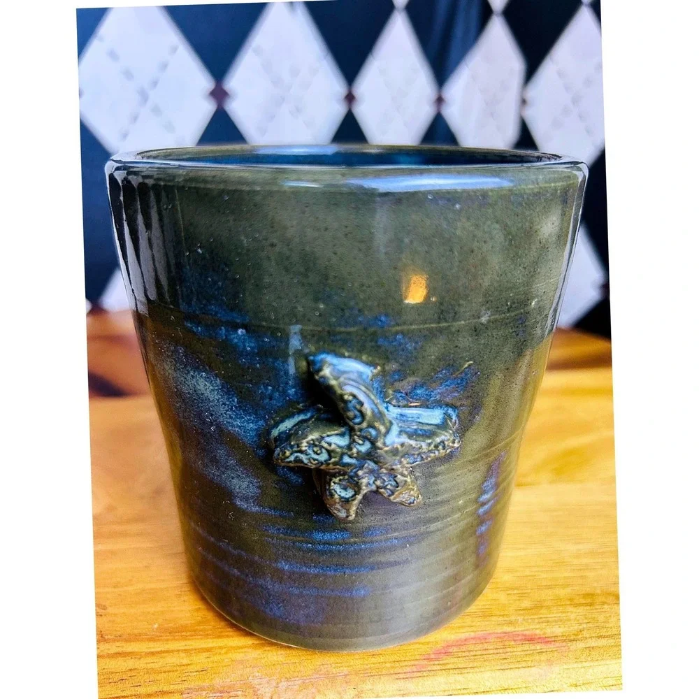 Signed Coastal Studio Pottery Green‎ Blue Glazed Vase Starfish Planter Ceramic